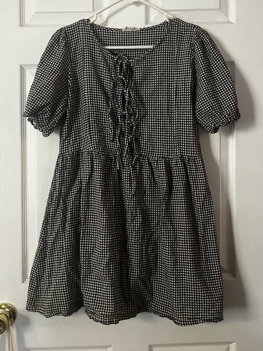 Black and White Gingham Tie-Front Casual Dress 100% cotton